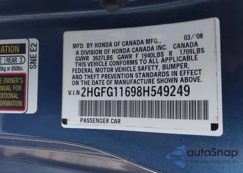 2008 Honda Civic Lx z USA, uszkodzony, nr VIN 2HGFG11698H549249